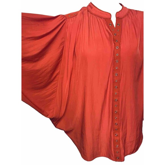 Chico's Women's Orange Batwing Sleeve Flowy Popover Top Size 1 (M) Gold Eyelet - Picture 9 of 9